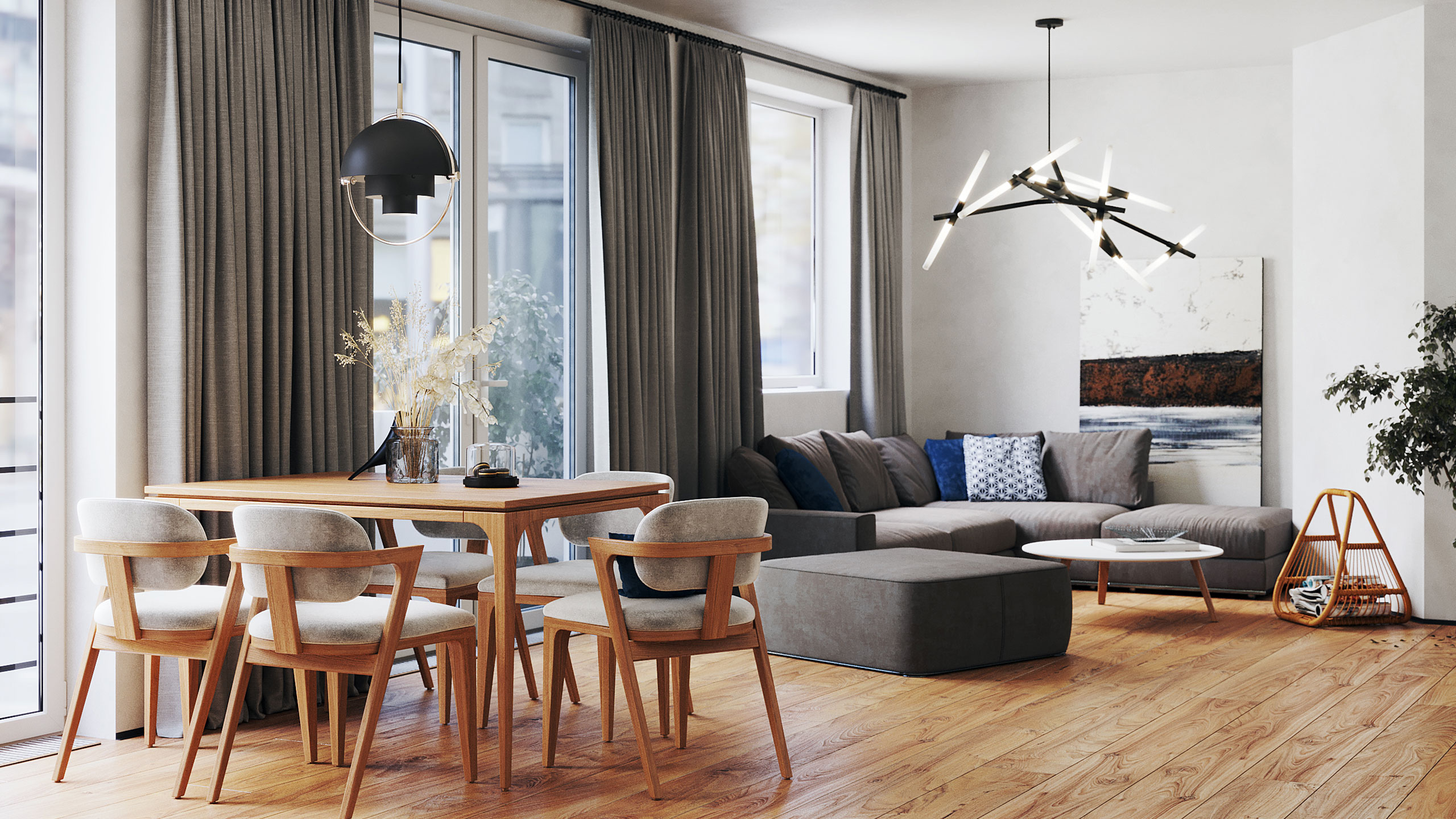 Ein heller Wohn- und Essbereich mit Holztisch, Sofa und großem Fenster.